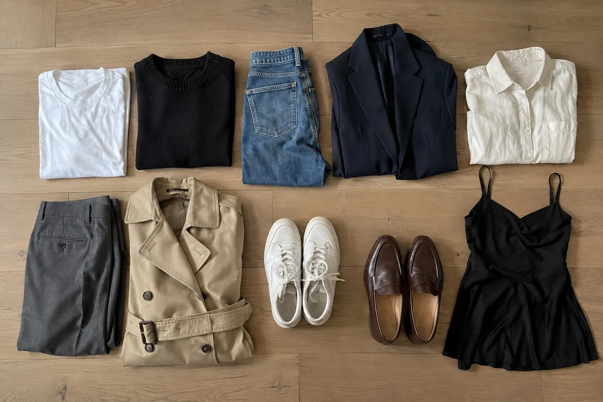 Ten garments arranged in a neat grid on a light wooden floor, including a navy blazer, denim jeans, a white tee and a beige trench