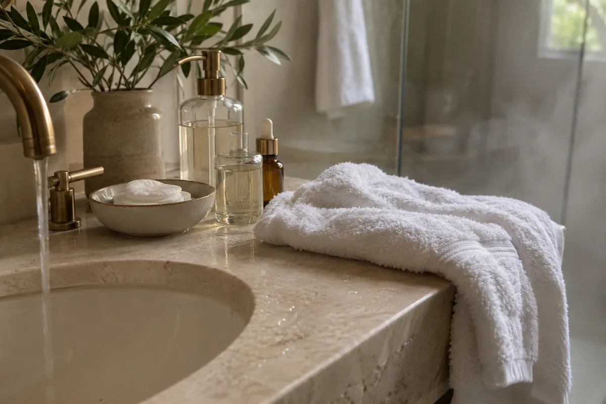 Bathroom shelf with plain glass bottles, cotton rounds and a folded white towel