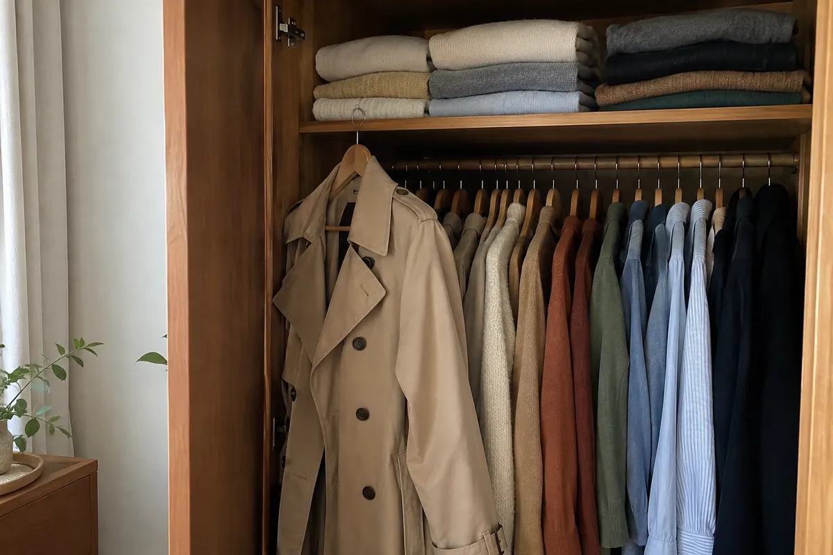 An open wooden wardrobe sorted by colour with a beige trench coat at the front