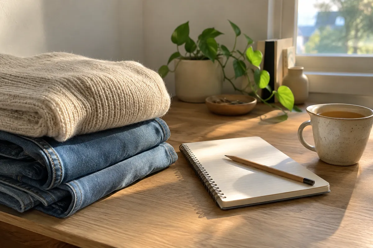 A stack of folded jeans beside a notebook, a pencil and a cup of tea on a calm desk in morning light