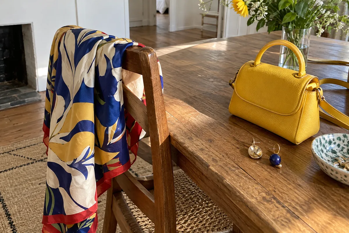 A bold printed silk scarf draped over a chair with a yellow leather handbag and mismatched earrings on a wooden table in bright daylight