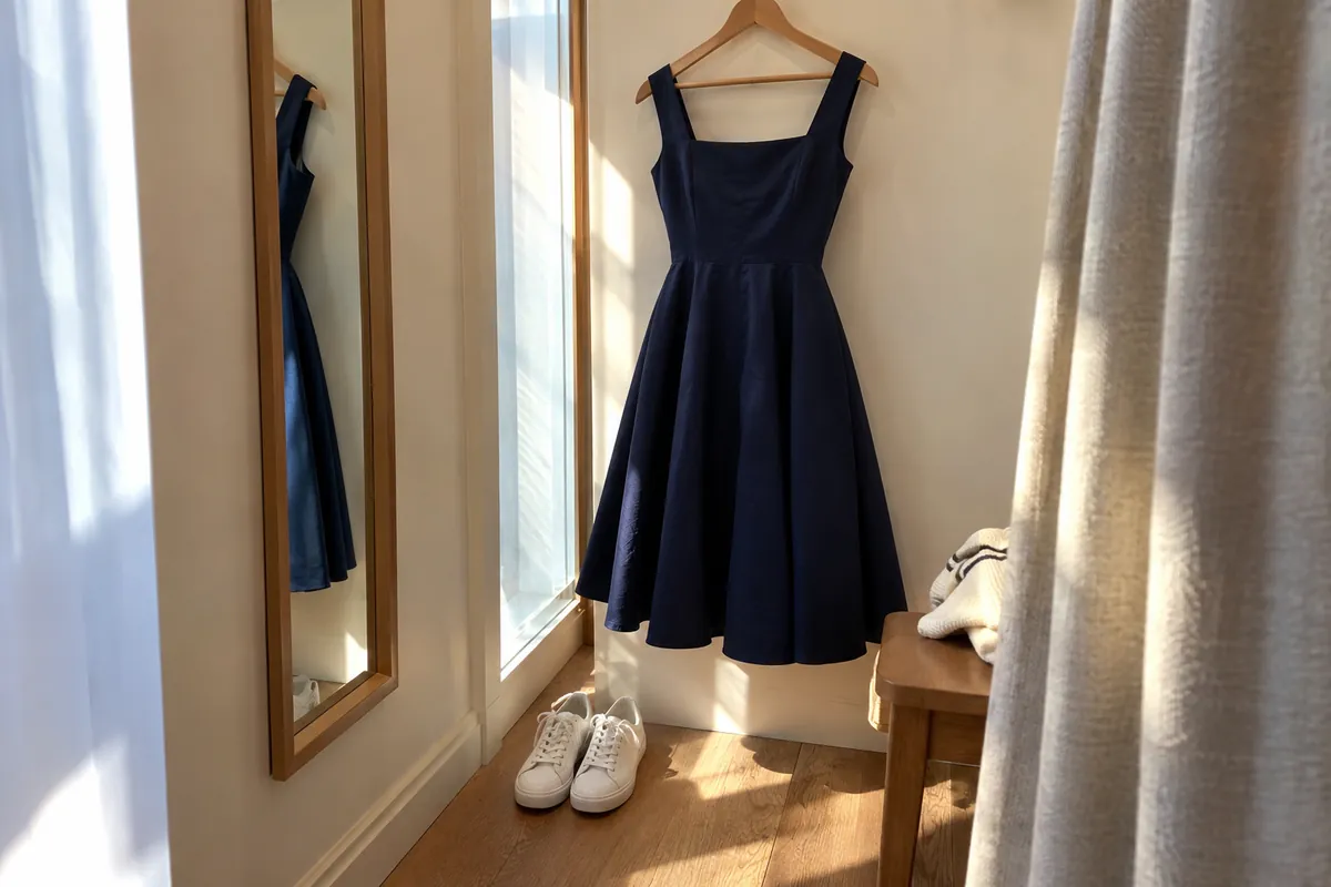 A navy fit-and-flare dress with a cinched waist on a wooden hanger in a sunny fitting room, with white sneakers placed below it