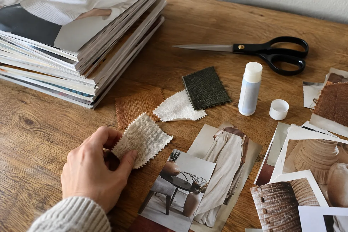 A stack of printed fashion magazines with the covers turned away, a pair of scissors, a glue stick and clipped fabric swatches on a wooden table