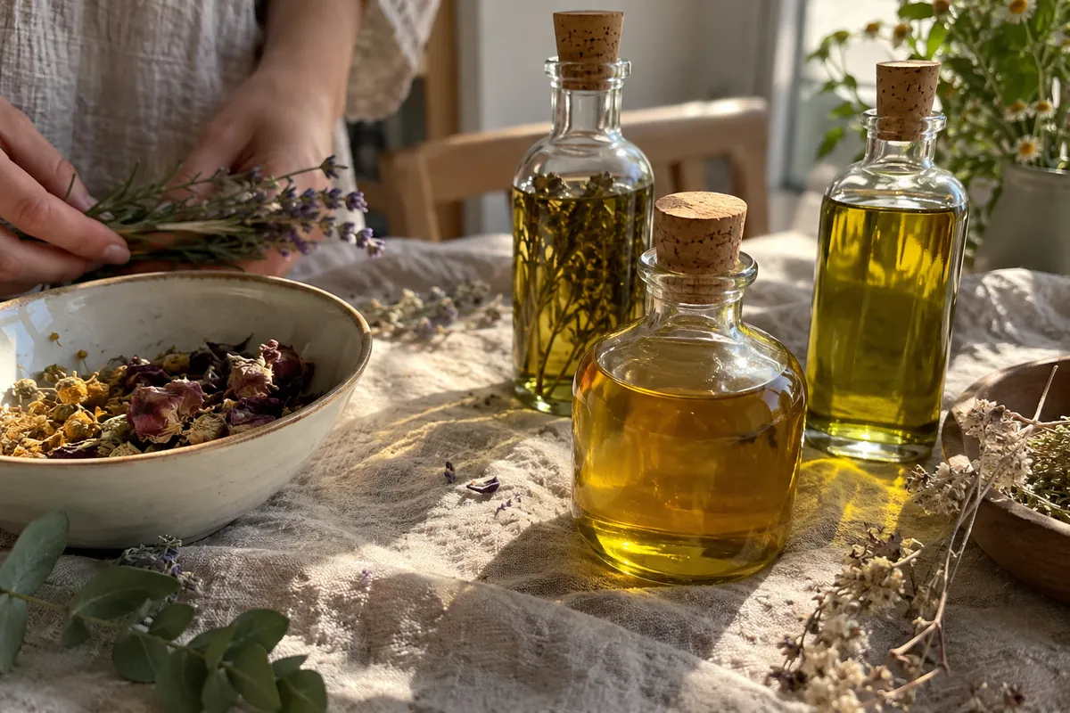 Plain glass bottles of natural oil and a small bowl of dried botanicals on a linen cloth in soft morning light, with no labels