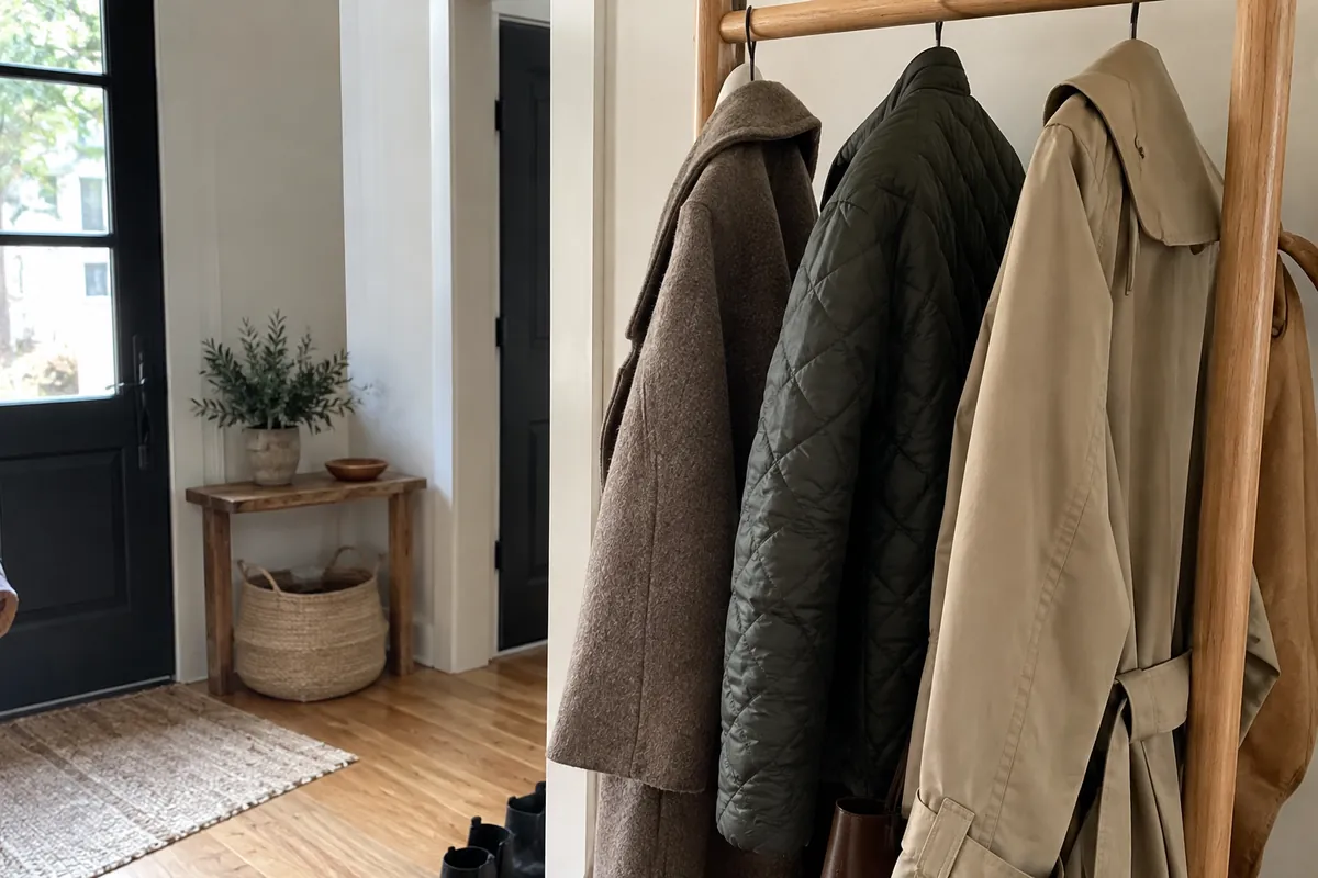 A wool coat, a quilted jacket and a trench coat hanging on a wooden rack in a bright entryway