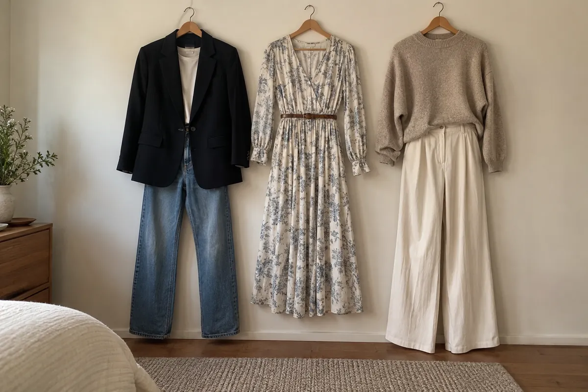 Three outfit options on wooden hangers against a cream wall, a structured blazer, a flowing midi dress and a relaxed knit with wide trousers