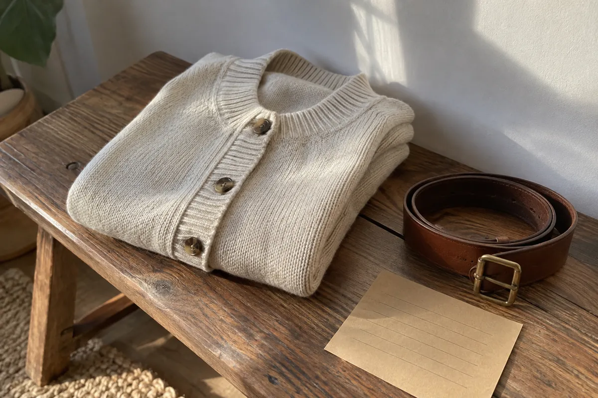 A kraft card with blank handwritten lines, a folded cardigan and a brown leather belt on a wooden bench in soft morning light